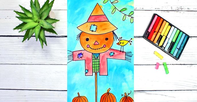 Directed Drawing & Watercolor Painting a Scarecrow | Beginner's Art ...