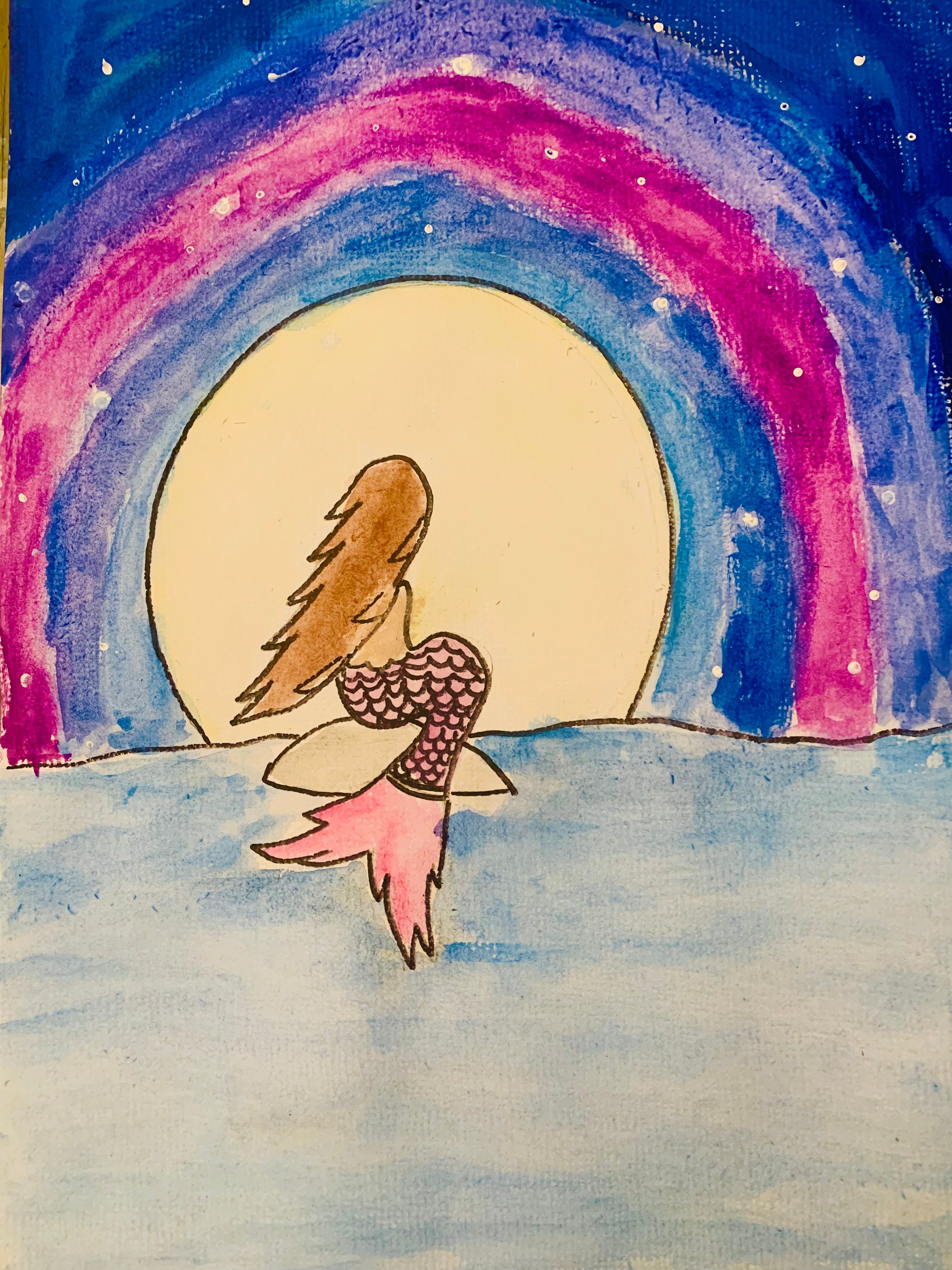 Mermaid and Full Moon With Stars by the Sea | Small Online Class for ...